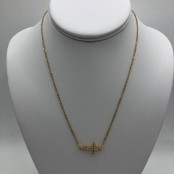 18K Gold Plated Women's Side Cross Cubic Zirconia Necklace Waterproof Jewelry - Picture 3 of 10